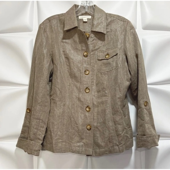 Coldwater Creek Women Sz 10 Brown Tan Shimmer Herringbone Linen Utility m Jacket - Picture 1 of 10